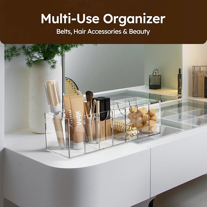 FEMELI Belt Organizer, Acrylic Belt Storage for Closet with Dust Cover, 7 Compartments Belt Container Display Holder for Drawer, Clear Belt Tie Case for Women Men Home | Acrylic Clear Shelf Belts Holders for Closet& Drawer Womens Men Belts Tie Jewelry ...