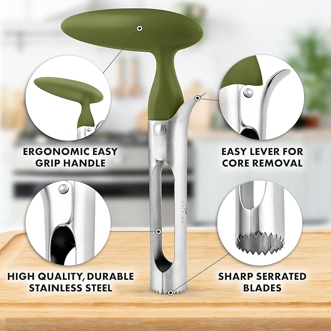 Zulay Kitchen Ultra Sharp Apple Corer Tool - Stainless Steel, Sharp & Serrated Blade Cores in Seconds - Easy to Use & Clean, Durable Apple Core Remover for Apples & Small Fruits - Olive Green