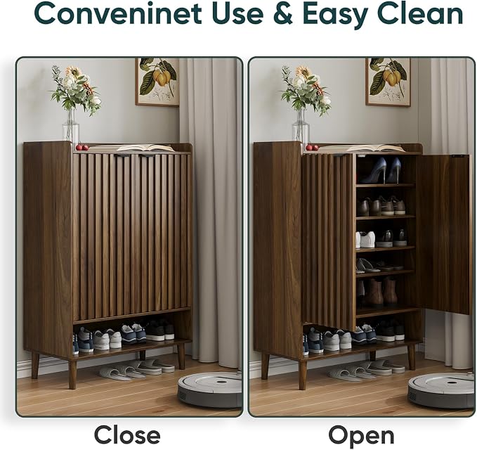 Smuxee Walnut Shoe Cabinet with Fluted Doors, 6-Tier Shoe Storage Cabinet with Adjustable Shelves, Freestanding Shoe Organizer Cabinet for Entryway, Hallway, Closet, Living Room