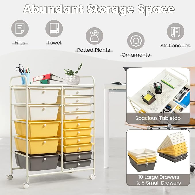 DREAMADE Rolling Cart with 15 Drawers, Lockable Wheels, Removable & 2-Sized Storage, Art Cart for School, Home, Crafts, Scrapbook (Yellow)