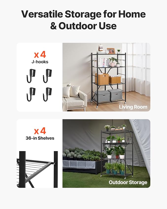 VEVOR 4-Tier Foldable Storage Shelf, 36W x 21D x 60H Inch Folding Metal Rack Shelving Unit, No Assembly Organizer Shelf with 5 Wheels & 4 Hooks for Pantry, Kitchen, Garage, Basement, Black