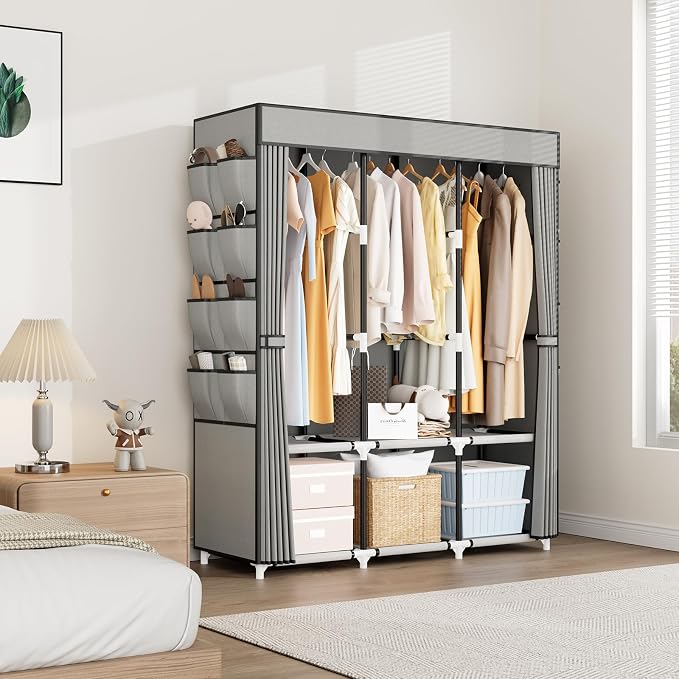 Portable Closet with Cover, 3 Hanging Rods and Side Pocket, Sturdy Free Standing Closet, Grey
