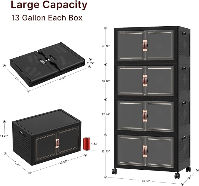 Stackable Storage Bins with Lids, Collapsible Storage Boxes, Foldable Plastic Storage Drawers for Bedroom,Office, Dorm (8, Black, M)