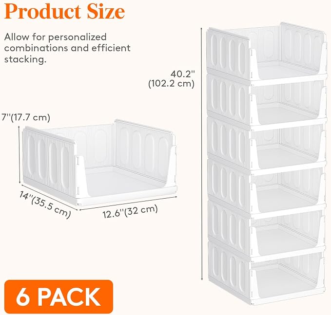 Lifewit 6 Pack Stackable Closet Organizers and Storage Basket for Clothes, Plastic Sweater Storage Bins for Wardrobe, Stacking Clothing Containers for RV, Pantry, Shelf, Kitchen, Dorm, 14" Depth