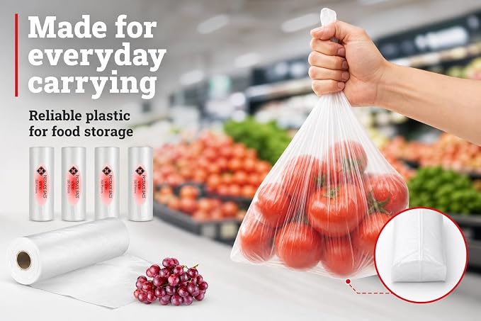 Mr Miracle Plastic Produce Bags for Food Storage - 12"x20" Clear Grocery Bag for Fruits, Vegetables, Bread - Easy Peel-Off Design, Continuous Roll, 1.75" Core, Pack of 1440 Bags [4 rolls]