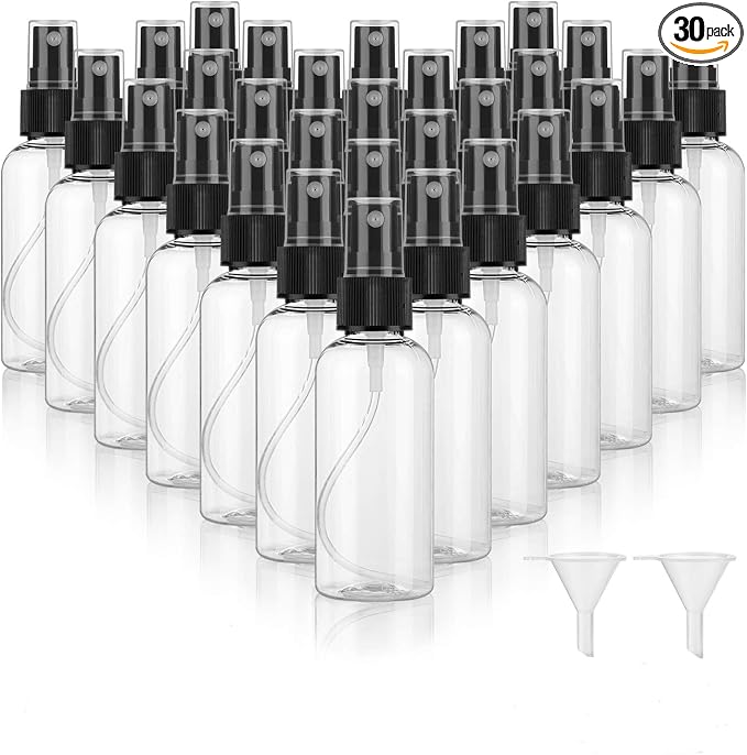 30 Pack 2 oz Fine Mist Mini Clear Spray Bottles with Pump Spray Cap - for Essential Oils, Travel, Perfumes - Refillable & Reusable Empty Plastic Bottles Travel Bottle