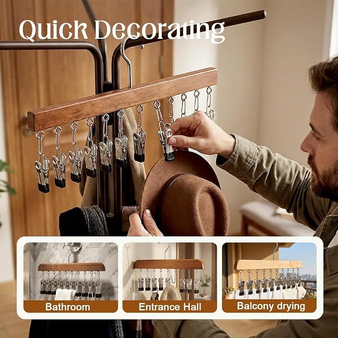 10/12-Clip Wooden Hanging Organizer, Sturdy Rack for Pants, Leggings, Socks, Hats, Scarves, Multi-Purpose Closet Storage for Home Use (1, Dark 12clip)