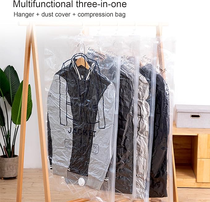 Large Garment Covers, Pack of 5, Vacuum Storage Bag with Electric Pump, Clear Compression Airtight Sealer Bags with Hanging Buckle, Hanging Clothes Storage(120cm/47in)