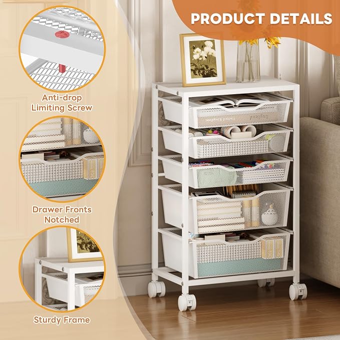 Hongtamoya Rolling Storage Cart with 5 Drawers, Metal Utility Cart with Lockable Wheels, Craft Storage Art Cart, Rolling Drawer Cart for Living Room, Bedroom, Bathroom, Office, Home, White