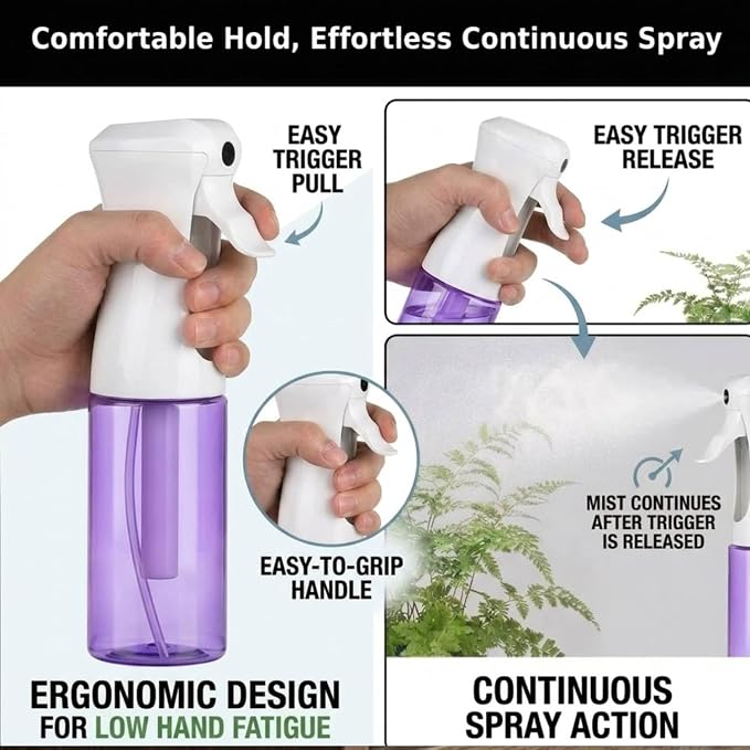 VIGOR PATH Continuous Mist Purple Spray Bottle 200ml Fine Mist for Hair | Aerosol Free Reduces Hand Fatigue Salon Refillable Lightweight Cleaning