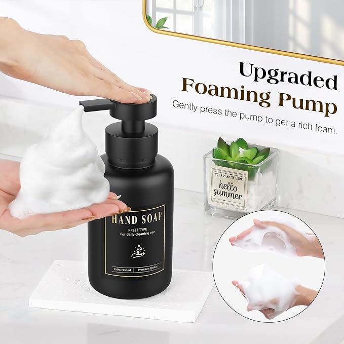 Luxspire Foaming Soap Dispenser, Glass Foam Pump Soap Dispenser, Non-Slip Hand Soap Bottle with 5 Waterproof Labels, 15 Oz Refillable Liquid Soap Bottle for Bathroom & Kitchen, Black, 1 Pack