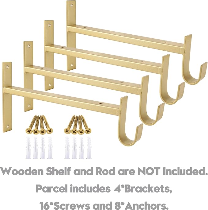 AddGrace Closet Rod Bracket Heavy Duty Shelf Brackets Gold 6 Inch 4 Pack | Fit for Closet Wardrobe Laundry Room and Kitchen, with Hook, Store Above and Hang Below, Supports 66 lbs, Easy to Install