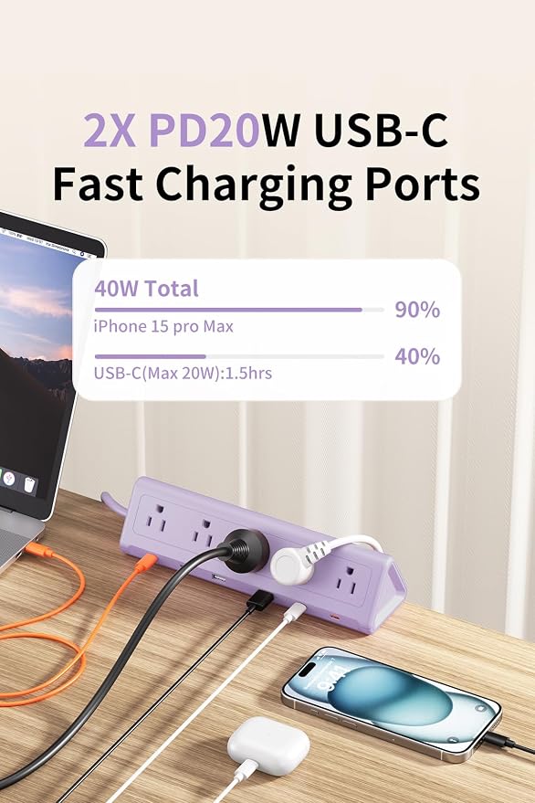 6.5 FT Desk Clamp Power Strip with 5 AC Outlets & 6 USB Ports PD 40W USB-C Fast Charging, Extension Cord with Multiple Outlets, Fits 2.1 in top Edge Purple
