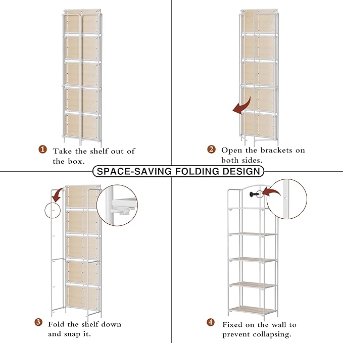 Crofy 5-Tier Foldable Bookshelf, White Frame & White Oak Shelves | No-Assembly Collapsible Portable Storage Organizer; Sturdy White Oak Finish Shelves; Ideal for Living Room & Home Office