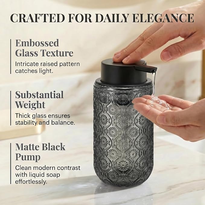 Gray Glass Liquid Hand Soap Dispenser with Matte Black Pump Thick Embossed Bottle Refillable for Bathroom and Kitchen Decor 13.5 oz