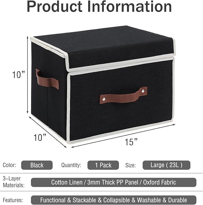 Storage Bins Box with Lids Front Opening Window Decorative Cotton Linen Fabric Basket PU Leather Handles Washable PP Plastic Board Foldable Shelf Closet Organizer Container (Black, Large)