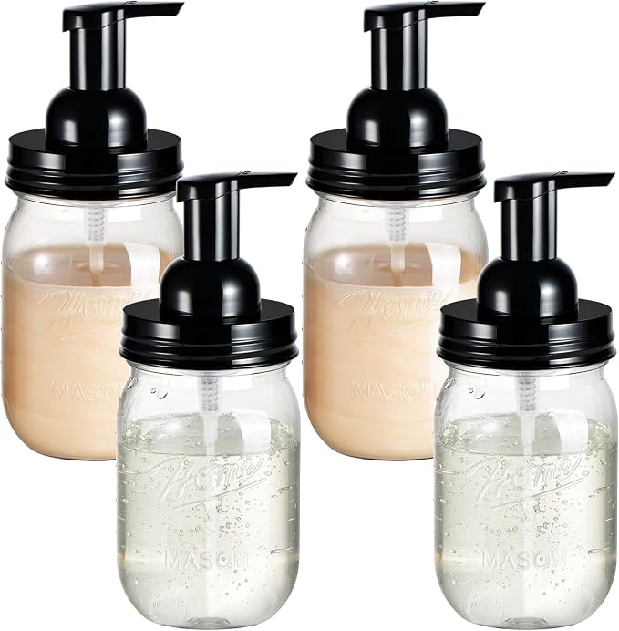 Amolliar Plastic Mason Jar Foaming Soap Dispenser with Pump Lid,16OZ Refillable Hand Soap Dispenser Set with Cute Lables - Farmhouse Decor for Kitchen/Bathroom, Lotion Liquid Dish Soap (4 Pack, Black)