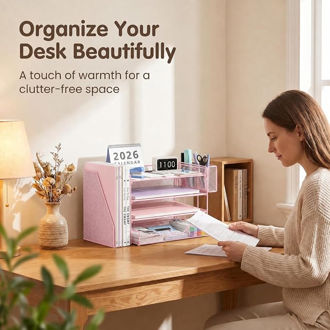 OPNICE Desk Organizer, 4-Tier Desktop File Organizer with Drawer and Pen Holders, Office Desk Accessories, File Sorters, Workspace Organizers for Office Supplies(Pink)