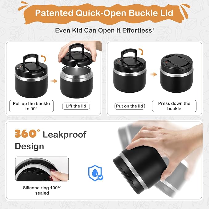 MAXSO 14oz Vacuum Insulated Food Jar with Spoon Buckle Lid, Kids Soup Thermo for Hot Food Wide Mouth Leakproof Stainless Steel Lunch Container - Black