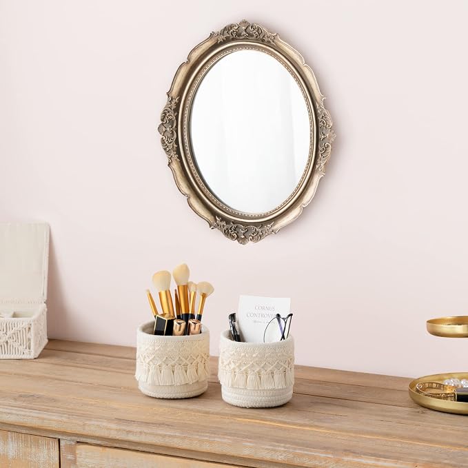 Mkono Macrame Makeup Brush Holder, Boho Mini Storage Basket Set of 2 Ivory | X-Small 3.9"W x 3.9"H, Decorative Basket, Comb Pens Tiny Succulents Holder, Bedroom Vanity Living Room Bathroom Dorm Office