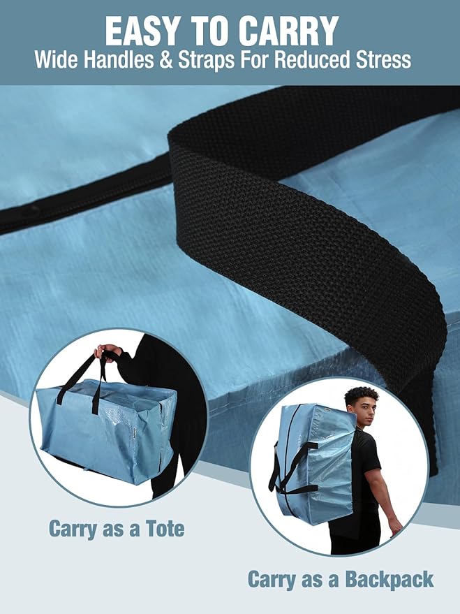 WORKPRO 10 Pack Extra Large Moving Bags with Zippers & Carrying Handles Backpack Straps, Heavy-Duty Storage Tote for Space Saving & Storage, Alternative to Moving Box (Dusty Blue)