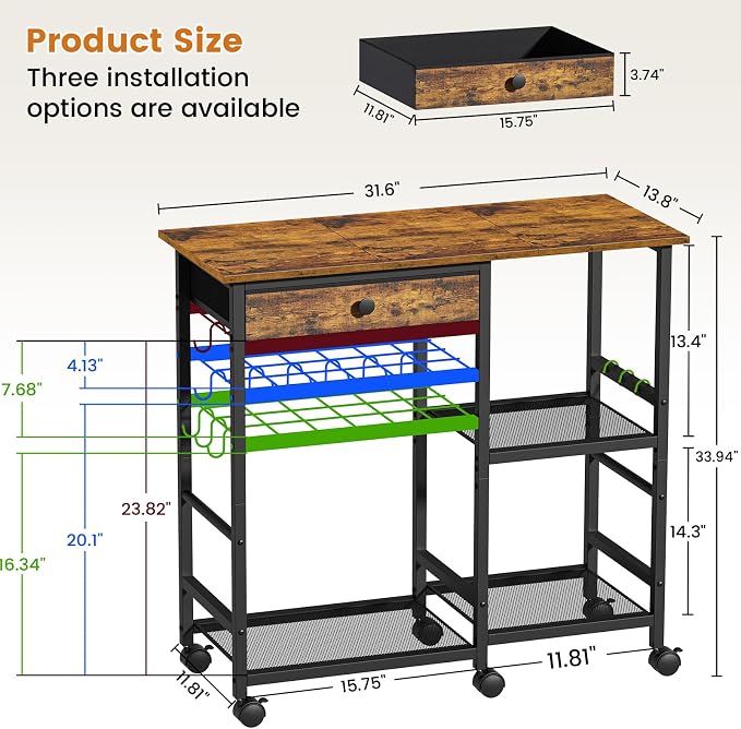 Microwave Stand, Coffee Cart, Microwave Cart with Wheels & Adjustable Shelf | Coffee Bar Table Station, Rolling Storage Cart Organizer Shelf for Living Room, Kitchen Island, Office, Rustic Brown