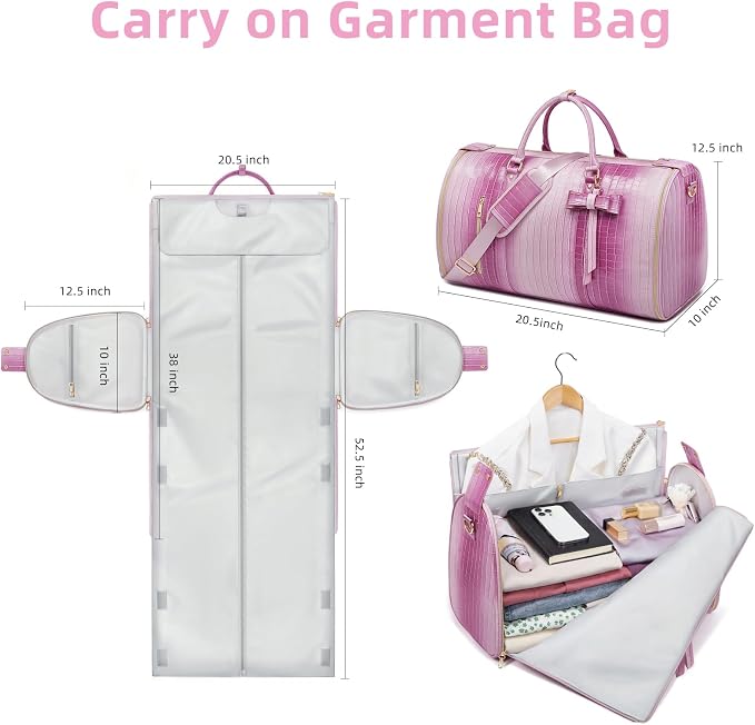 Convertible Garment Duffle Bag for Women, Foldable 2-in-1 Carry On Travel Bag with Shoe Compartment & Toiletry Pocket, PU Leather Stylish Garment Bags for Business Trip, Vacation, Pink-White