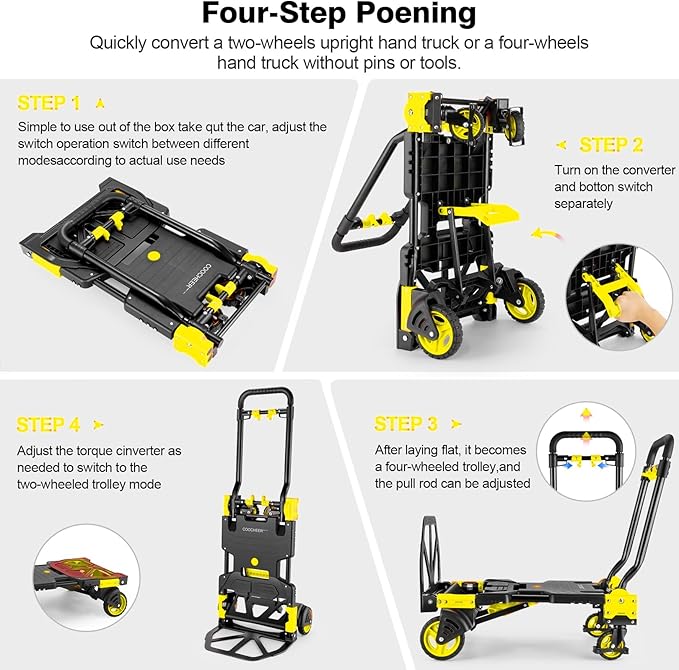 330LB Folding Hand Truck Heavy Duty Carrying, Combination of Four Wheels and Two Wheels Convertible Dolly Cart with Retractable Handle Dolly for Moving Office Carts(Yellow)
