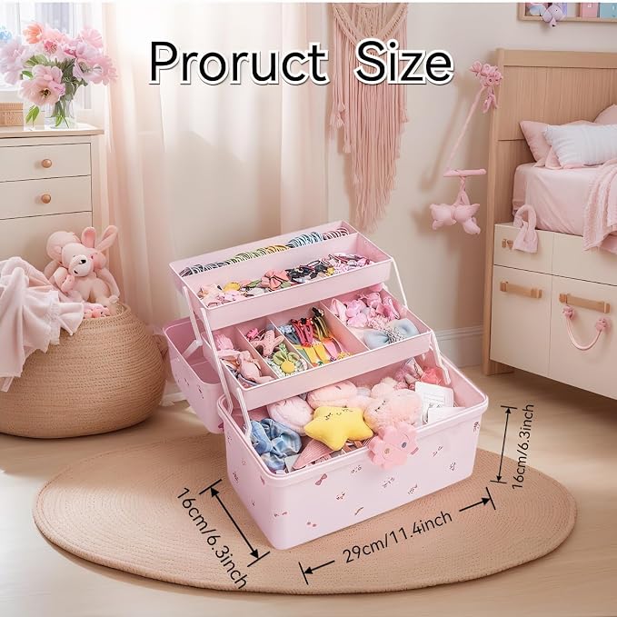Pulseplay Hair Accessories Organizer for Girls Portable 3-Layer Plastic Storage Box with Handle Perfect for Hair Clips Bows Headbands (Pink)