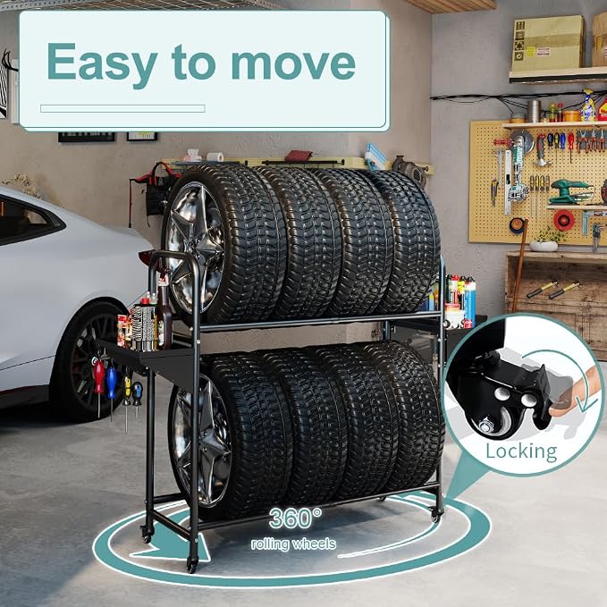 Hershii Rolling Tire Storage Rack, Tire Rack with Wheel,Tire Rack Storage | Adjustable - Black Steel Pipe and ABS, 24.80-42.51'' X 15.35'' X 44.09'' with 8 S Hooks and 2 Storage Shelves for Garage