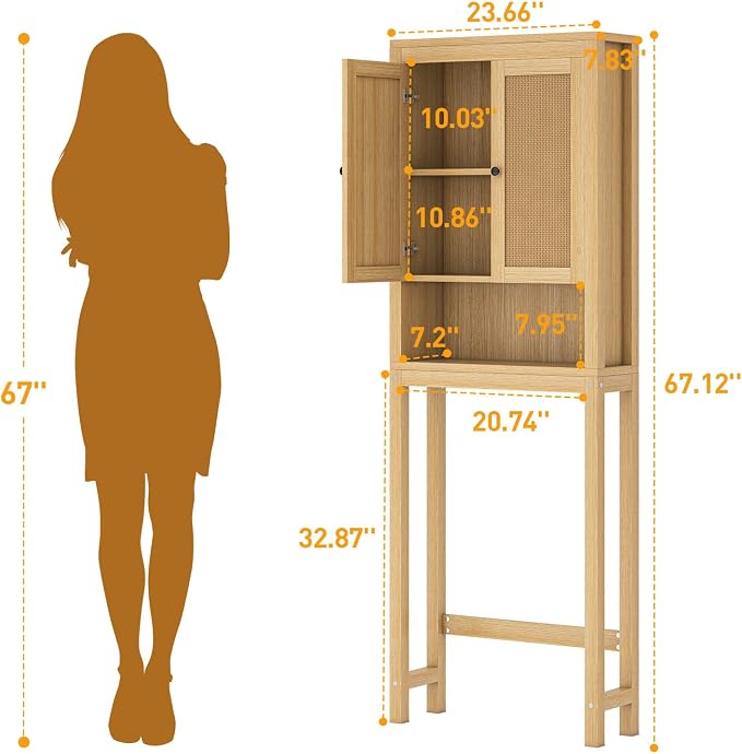 knoworld Rattan Over The Toilet Storage Cabinet, Above Toilet Bathroom Organizer with Adjustable Shelf, Behind Toilet Cabinet, Space Saver for Restroom, Bathroom, Laundry, Wood Rack, Natural