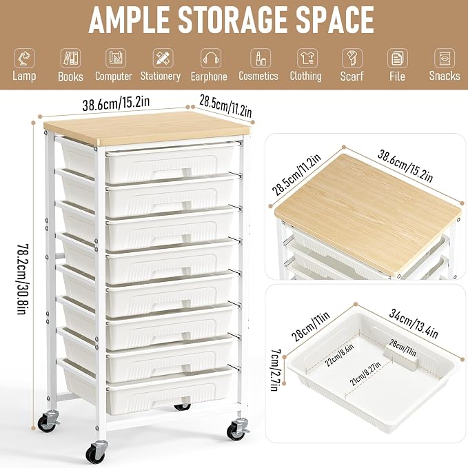 caktraie Rolling Cart with 8 Storage Drawers, Craft Organizers Cart with Wooden Tabletop, Mobile Utility Drawer Cart with Lockable Wheels, for Classroom, Office, Living Room & Bedroom, Beige White