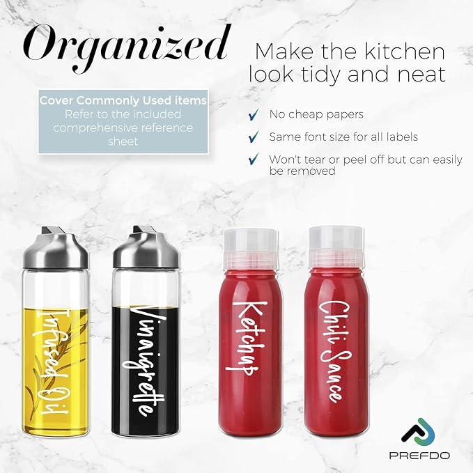 138 Oil and Vinegar Labels for Bottles, White Script Clear Preprinted Condiments Stickers for Squeeze Dispensers Kitchen Pantry Organization, Waterproof & Oil-Proof