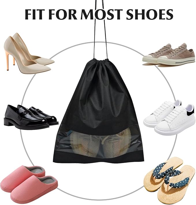 10 Pack Shoe Bags for Travel, Drawstring Bag for Men Women, Shoe Storage, Travel Essentials, Organization Accessories (10, Black)