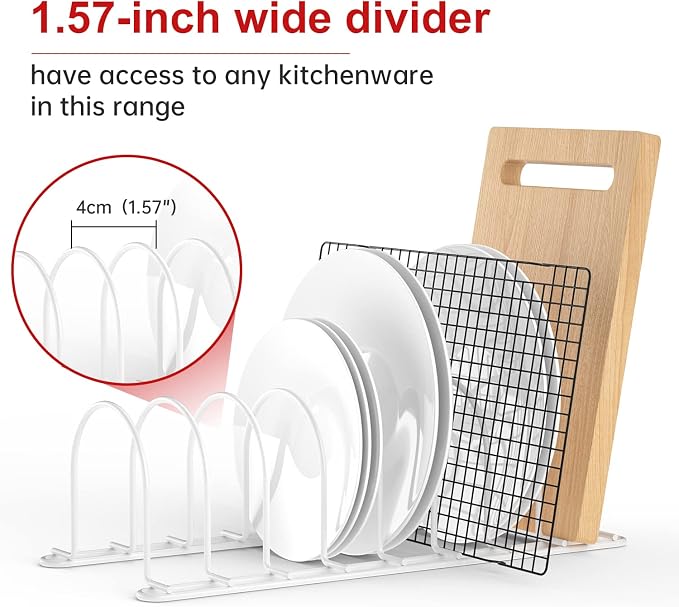 JAQ Plate Rack for Cabinet, 10.5" Vertical Dish Organizer for Plates, Pot Lids, Cutting Boards & Baking Sheets, Metal Kitchen Cabinet Organizer (1-Pack, White)
