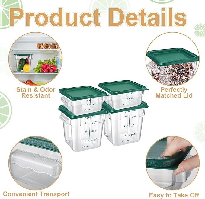 Barydat 4 Pcs Square Food Storage Containers with Lids Measurement Scales, 2qt & 4qt Clear Plastic Stackable Containers for Dough Proofing Baking Kitchen Restaurant and Pantry Organization(Green)