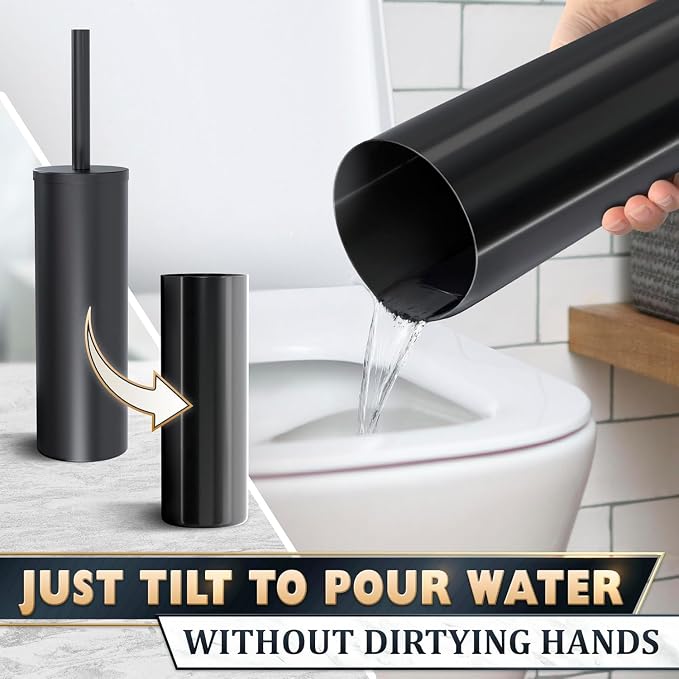 Black Toilet Brush and Holder Set - Scratch Resistant Black Toilet Bowl Brush and Holder with Soft Bristles Replaceable Head, Protection from Splashes, and Compact Design - for Effective Cleaning