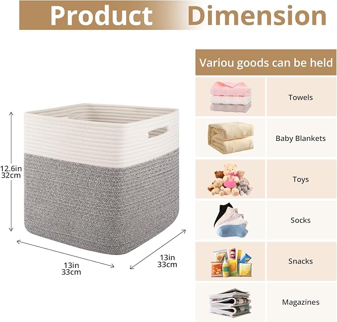 OIAHOMY 13 Inch Cube Storage Bins, 3-Pack Cotton Rope Woven Baskets for Organizing, Insert Storage Baskets for Shelves, Baby Nursery, Closet Organizer, 13 * 13 * 12.6IN, Grey & White