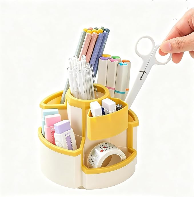 Saikv Pencil Holder Ratating Pen Organizer for Desktop Accessories Stationary Organizer (White & Yellow)