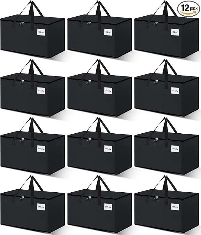 NATURELUX Heavy Duty Moving Bags - Extra Large Packing Bags and Storage Totes, Collapsible and Foldable Option for Moving and Storage, Black, 93 L - 12 Pack