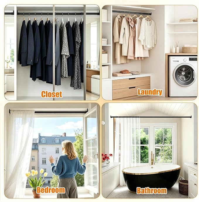 EKETE Oval Closet Rod for Hanging Clothes,18 to 52 Inch Adjustable Closet Rods Black Metal Closet Rods,Heavy Duty Closet Hanging Rod Expandable for Closet, Wardrobes, Bathroom, Laundry