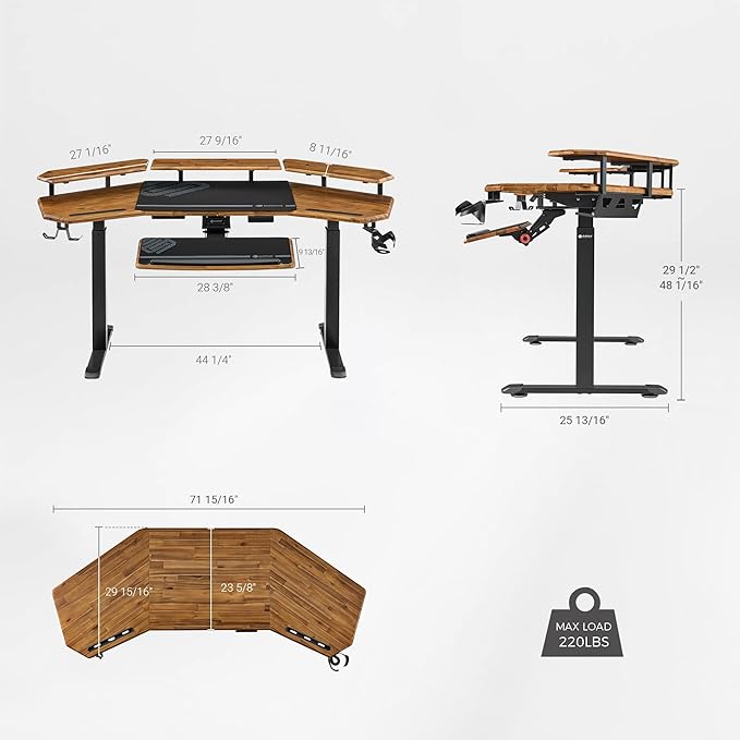 EUREKA ERGONOMIC Solid Wood Top Gaming Desk, 72" Dark Acacia Wood Wing-Shaped Studio Desk with Keyboard Tray, LED Shelves, Heavy-Duty Recording & Live Stream Desk