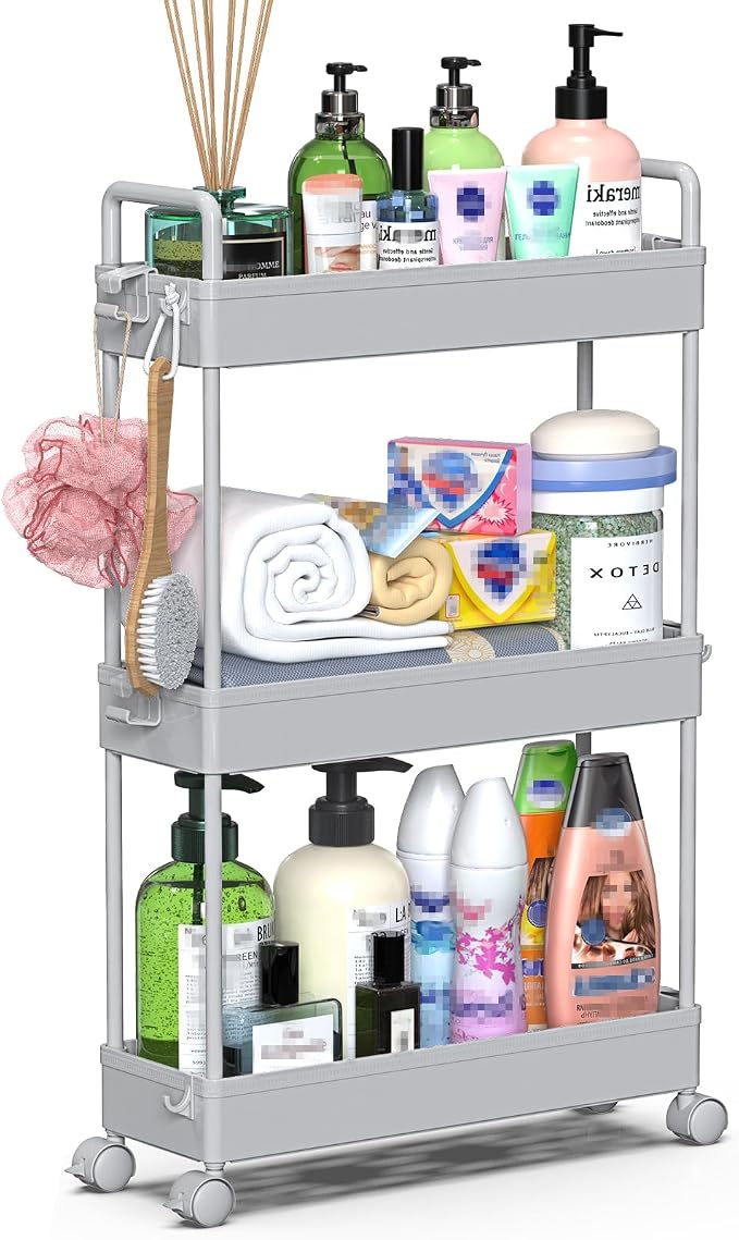 SOLEJAZZ Slim Rolling Storage Cart Skinny Bathroom Organizer, 3 Tier, Gray | Thin utility cart with wheels for bathroom, laundry room, bedside, kitchen, dorm, office, next to fridge, small narrow places