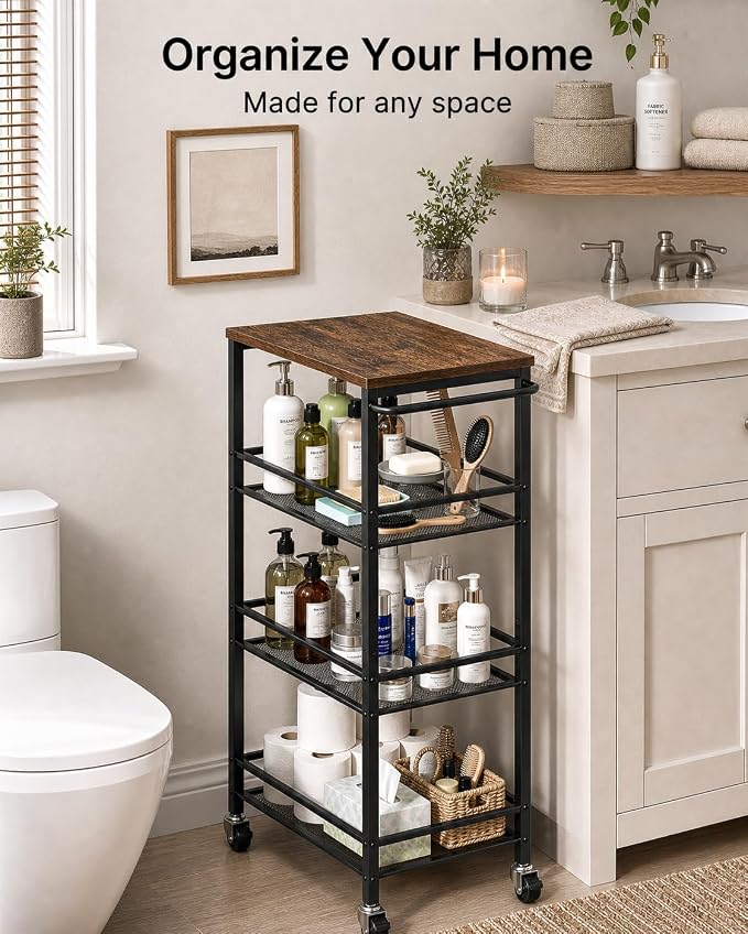 Pipishell Slim Storage Cart with Wheels, 4 Tier Rolling Bathroom Storage Cart with Handle and Wood Top, Metal Slim Kitchen Cart for Laundry Room, Bathroom, Kitchen, Narrow Space, Black & Rustic Brown