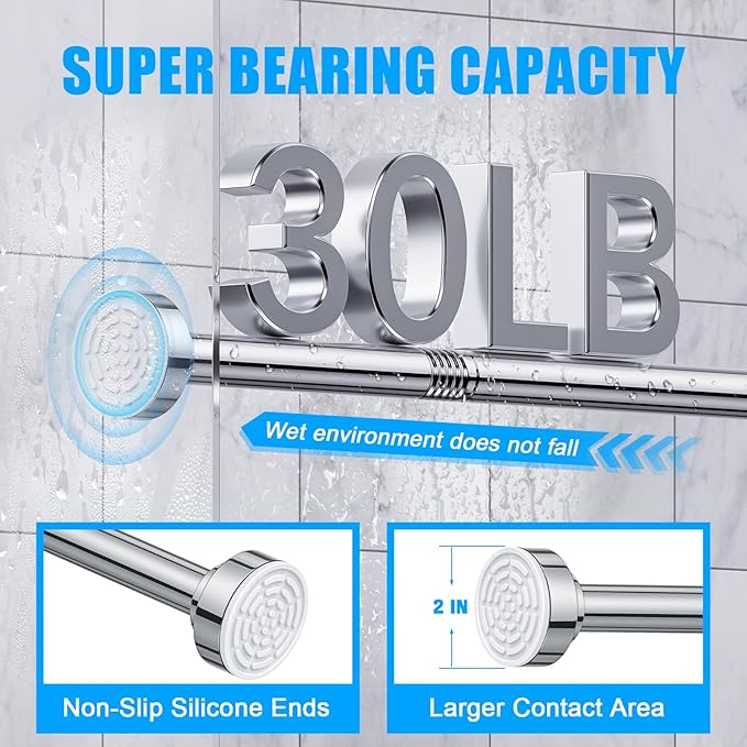 TEECK Shower Curtain Rod, 32-104 inch Adjustable Spring Tension Curtain Rod, Never Rust Anti-Slip Shower Curtain Rod for Bathroom, No Drilling, Never Collapse, Easy to Use, Silver