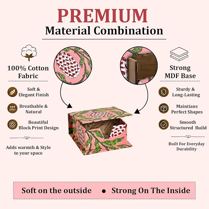 Ridhi Block Print Strawberry Pink Sticky Note Holder Box for Desk, Aesthetic Memo Pad Organizer, Sticky Note Box Decorative Office Accessory, Stationery Gift for Teachers, Students, Professionals