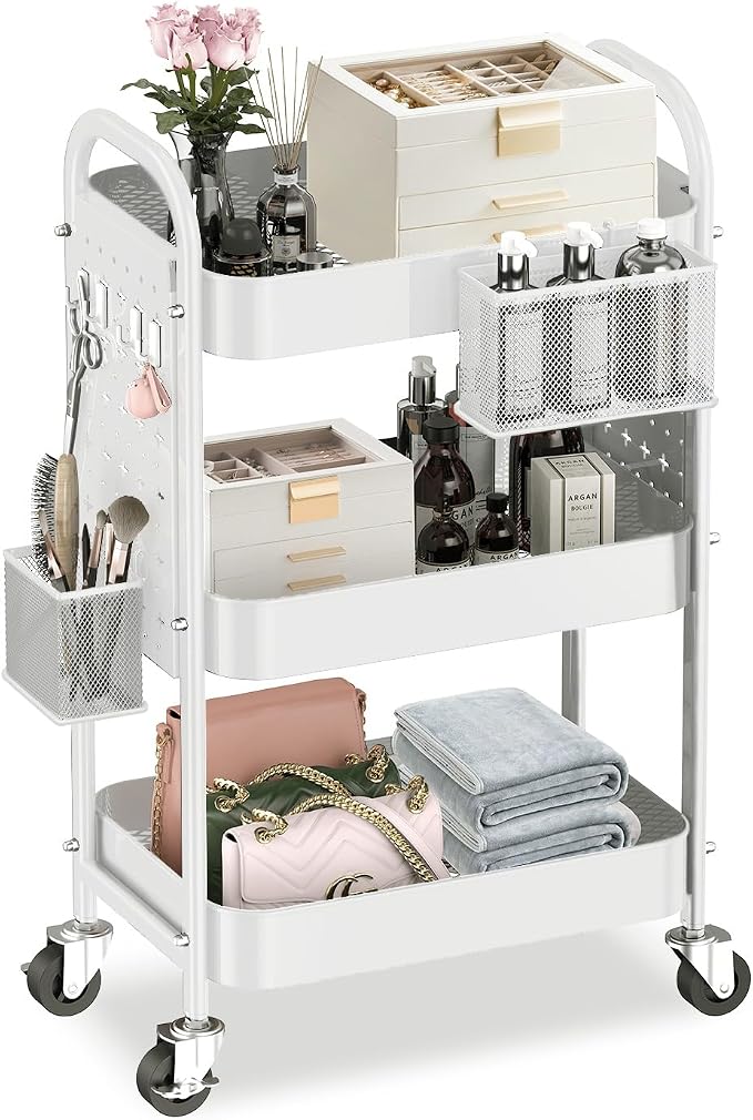 ALVOROG 3 Tier Metal Rolling Utility Cart with Pegboards,Baskets,Hook,White | More Storage Craft Cart with Pegboards,Lockable Wheels,Hooks & Baskets to Organize Kitchen,Office,Bedroom and DIY Supplies