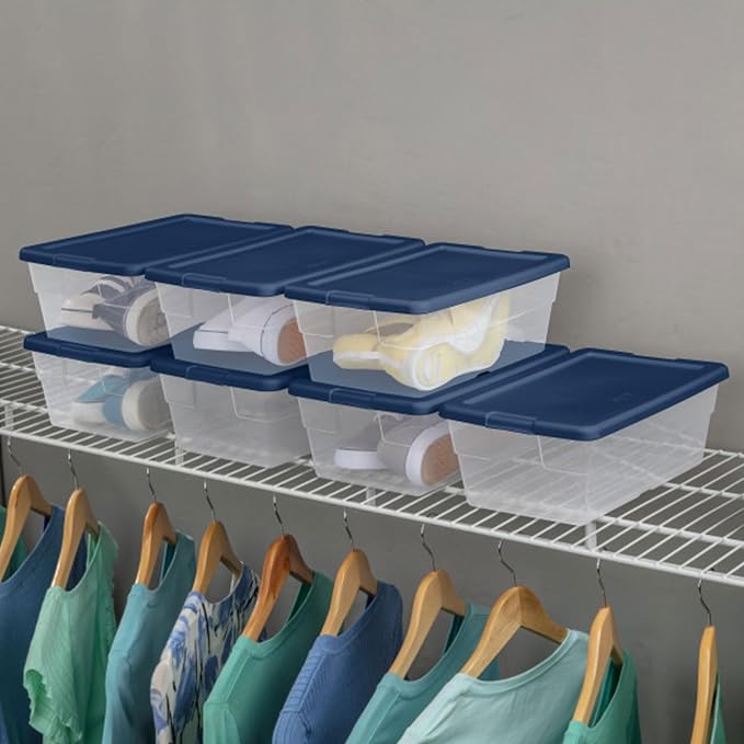 Sterilite Set of 5 Storage Boxes, Clear Plastic Stackable Containers, Lightweight Home Organizers with Snap Lids, 6 Quart, Marine Blue
