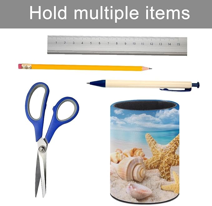 Beach Starfish Seashell Pen Holder Pencil Cup Desk Organizer | Cute Makeup Brush Holder PU Multifunctional Office Suppliesfor Decor Home Classroom School