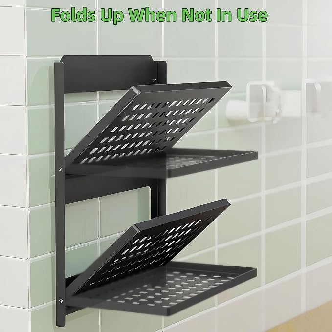 2-Tier Folding Wall Shelf, Small Metal Floating Shelves, Stackable Combined Foldable Storage Rack, Rustproof Hanging Shelf for Bathroom, Laundry Room, Kitchen, RV and Home Wall Decor
